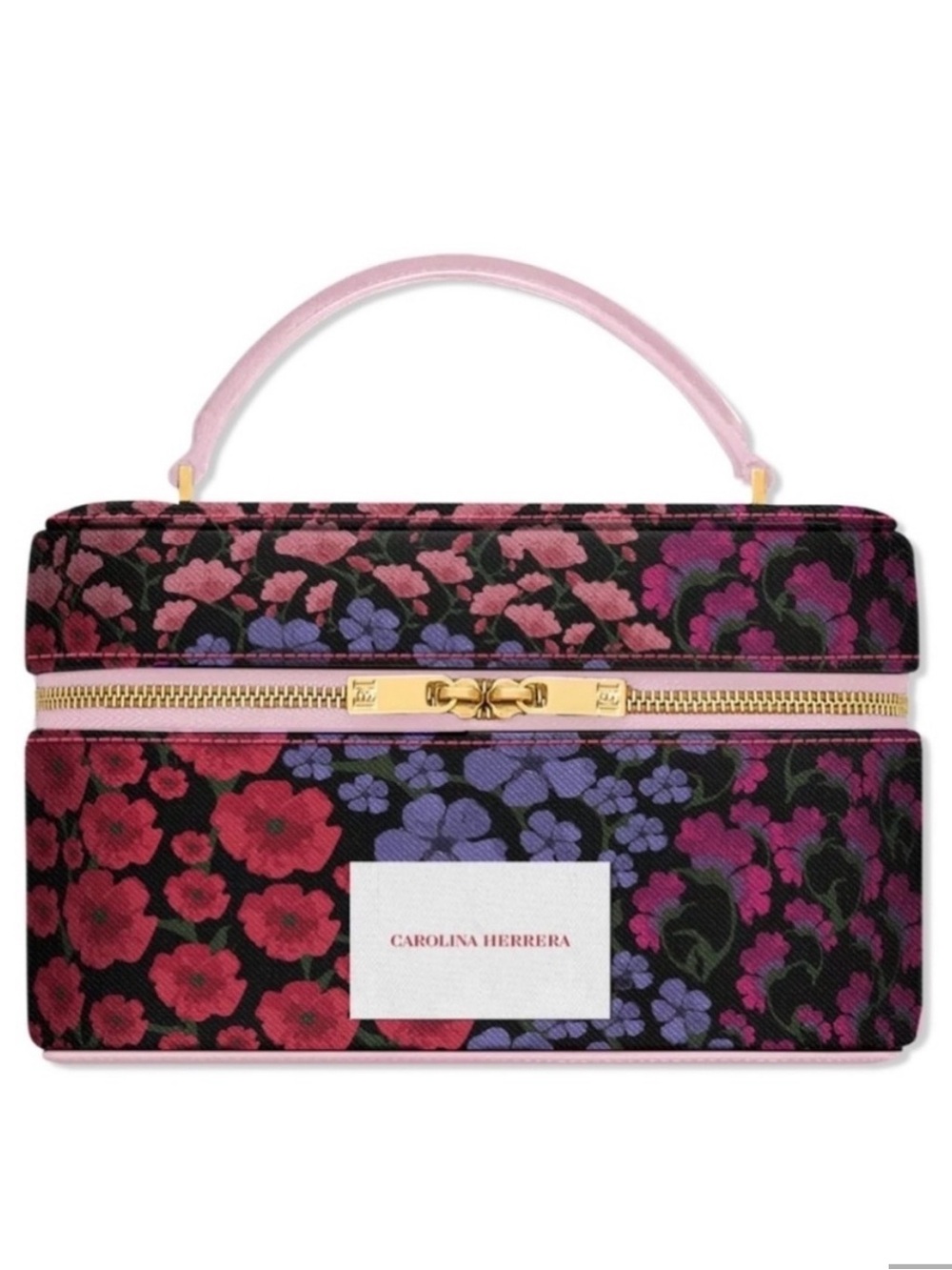 Carolina Herrera Pink and Purple Floral Vanity Case with Gold Trim